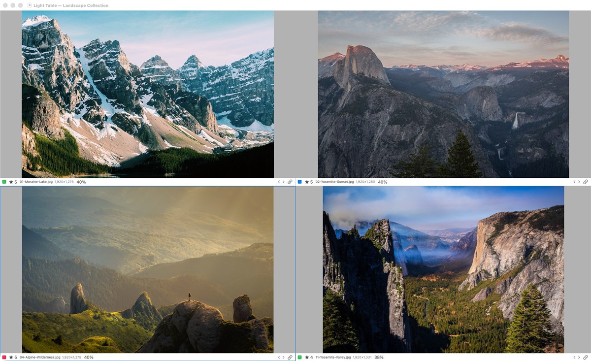The real Lightbox Pro Light Table with four landscape photographs in a two-by-two arrangement, each with its own rating, label and zoom controls.